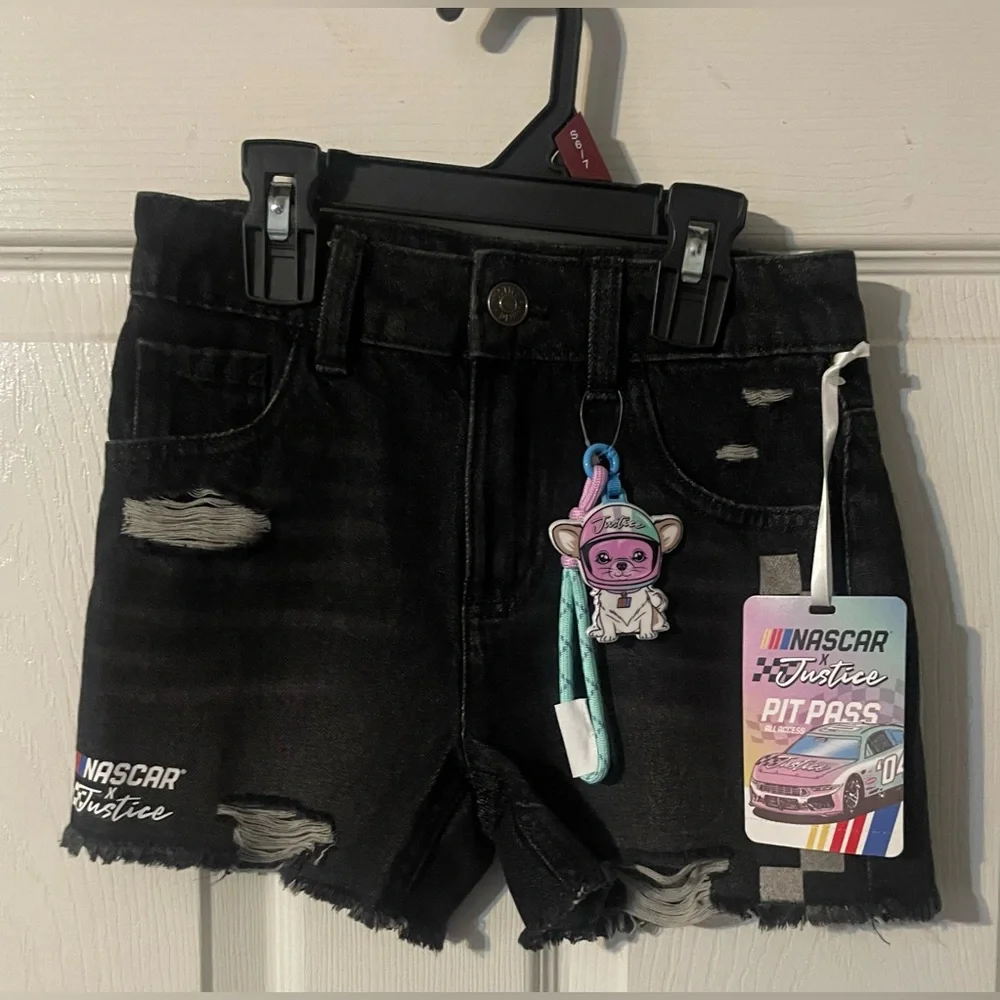 NWT Justice x NASCAR Black Distressed Denim Shorts Girls Size 7 Keychain